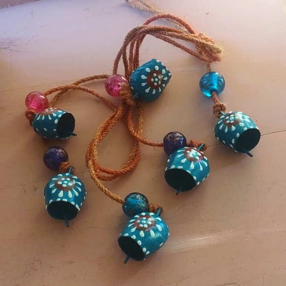 Bells on rope, blue bells with beads, hanging decorative bells - Picture 2 of 7